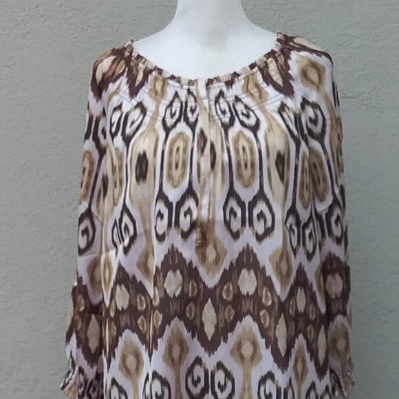 Unbranded Blouse Women's Med Brown Beige White Print Elastic Neckline Preppy - Picture 2 of 6